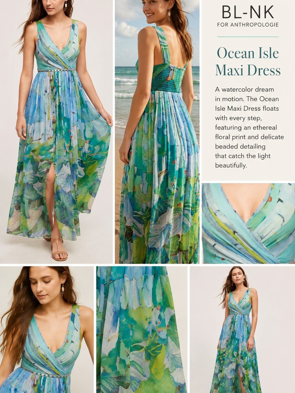 Anthropologie Green & Blue Floral Pleated Maxi Dress